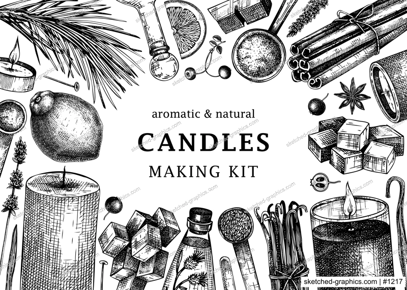Hand sketched candles ingredients banner. Vintage candles, herbs, wax, fruits, spices, skewers hand drawings background. Perfect for aromatherapy, hobby, handcrafts, candle making.