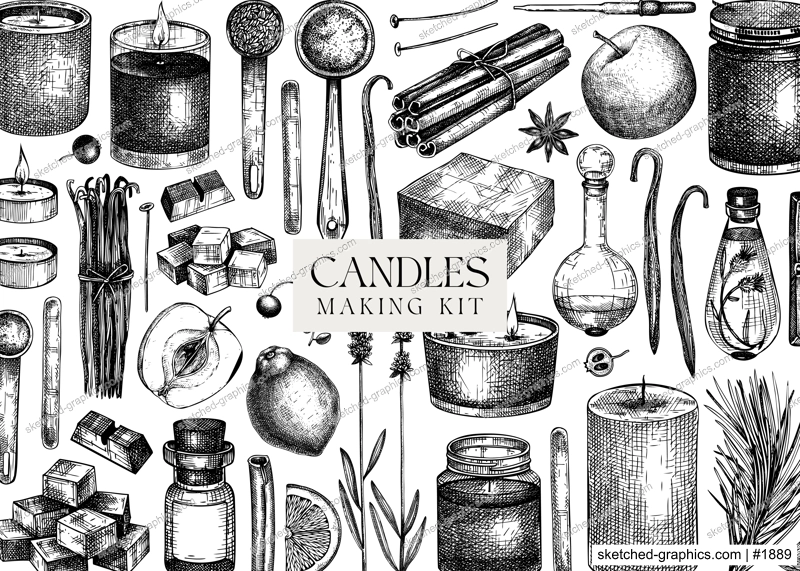 Hand sketched candles ingredients banner. Vintage candles, herbs, wax, fruits, spices, skewers hand drawings background. Natural frame perfect for aromatherapy, hobby, handcrafts, candle making.