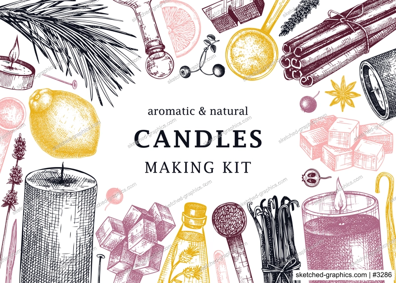 Hand sketched candles ingredients banner. Vintage candles, herbs, wax, fruits, spices, skewers hand drawings background. Perfect for aromatherapy, hobby, handcrafts, candle making.