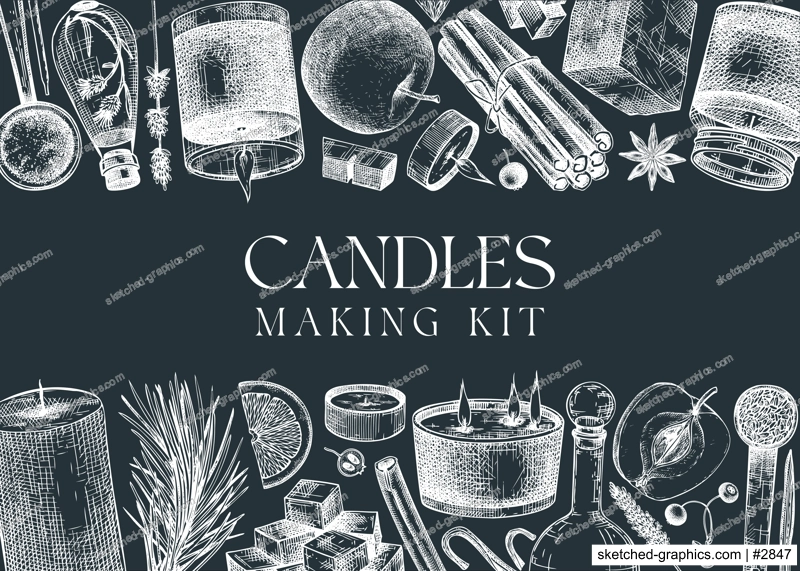Hand sketched candles ingredients banner on chalkboard. Vintage candles, herbs, wax, fruits, spices, skewers hand drawings background. Perfect for aromatherapy, hobby, handcrafts, candle making.