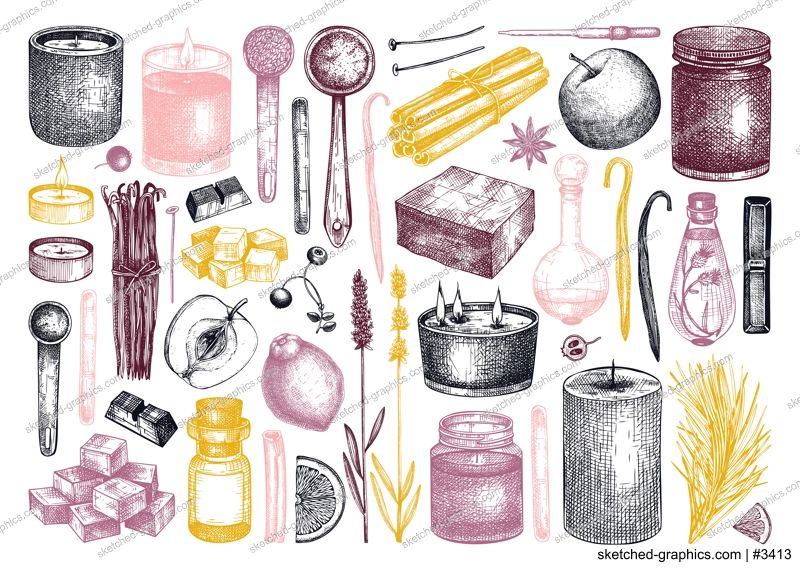 Hand-sketched aromatic candles ingredients collection. Vector illustrations of candles, wax, fragrance, color, herbs, and skewers. Natural materials for aromatherapy, hobby, handcrafts, candle making.