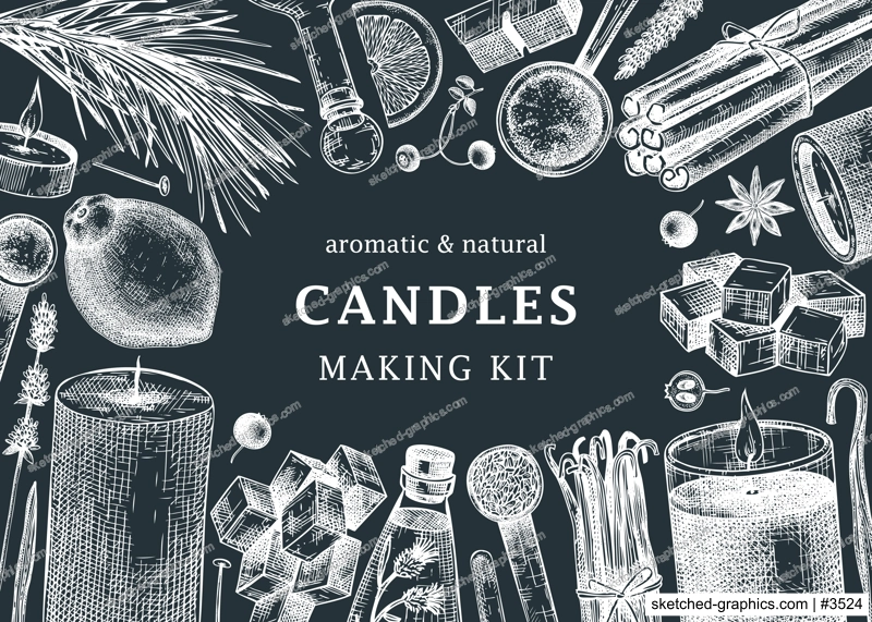 Hand-sketched aromatic candle ingredients frame on chalkboard. With candles, wax, fragrance, color, herbs, and skewers sketches. Vector design for aromatherapy, hobby, handcrafts, candle making.