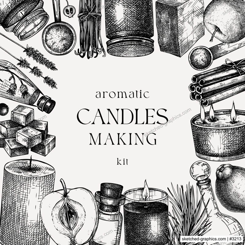 Hand sketched candle-making card design. Vintage candles, herbs, wax, fruits, spices, skewers hand drawings frame. Perfect square template for aromatherapy, hobby, handcrafts, candle making, package