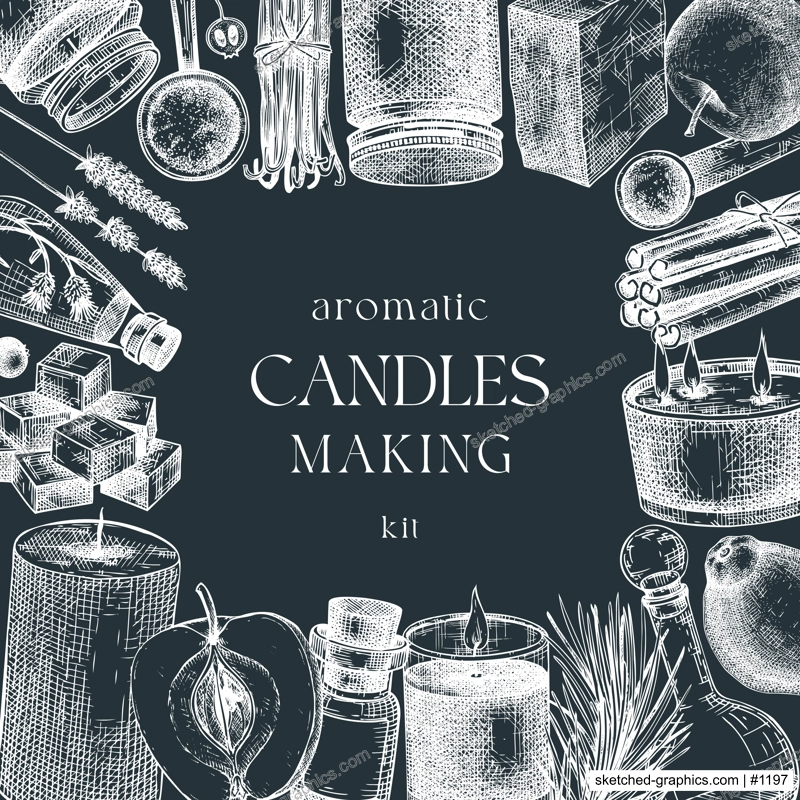 Hand sketched candle-making card design on ckalkboard. Vintage candles, herbs, wax, fruits, spices, skewers hand drawings frame. Perfect template for aromatherapy, hobby, handcrafts, candle making