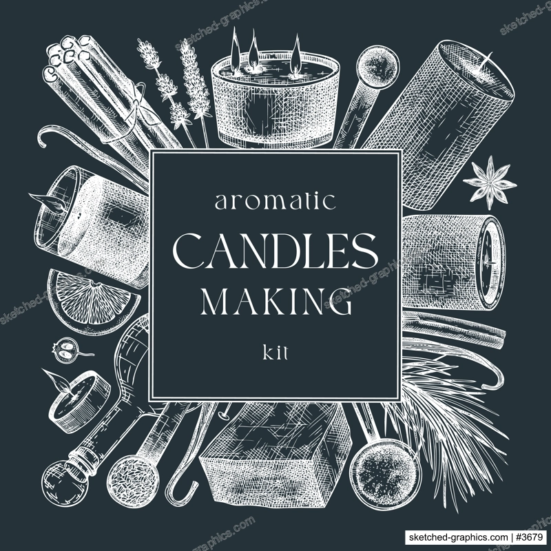Hand sketched candle-making card design on chalkboard. Vintage candles, herbs, wax,  spices, skewers hand drawings square wreath. Perfect template for aromatherapy, hobby, handcrafts, candle making