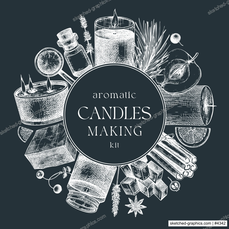 Hand sketched candle-making card design on chalkboard. Vintage candles, herbs, wax,  spices, skewers hand drawings round wreath. Perfect template for aromatherapy, hobby, handcrafts, candle making