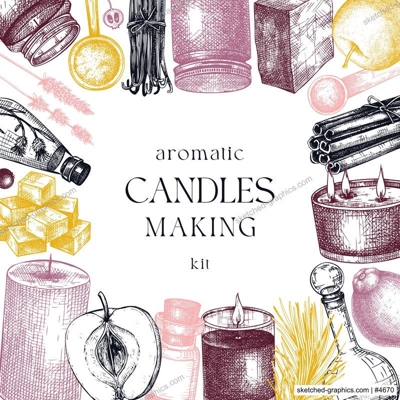 Hand sketched candle-making card design. Vintage candles, herbs, wax, fruits, spices, skewers hand drawings frame. Perfect square template for aromatherapy, hobby, handcrafts, candle making, package