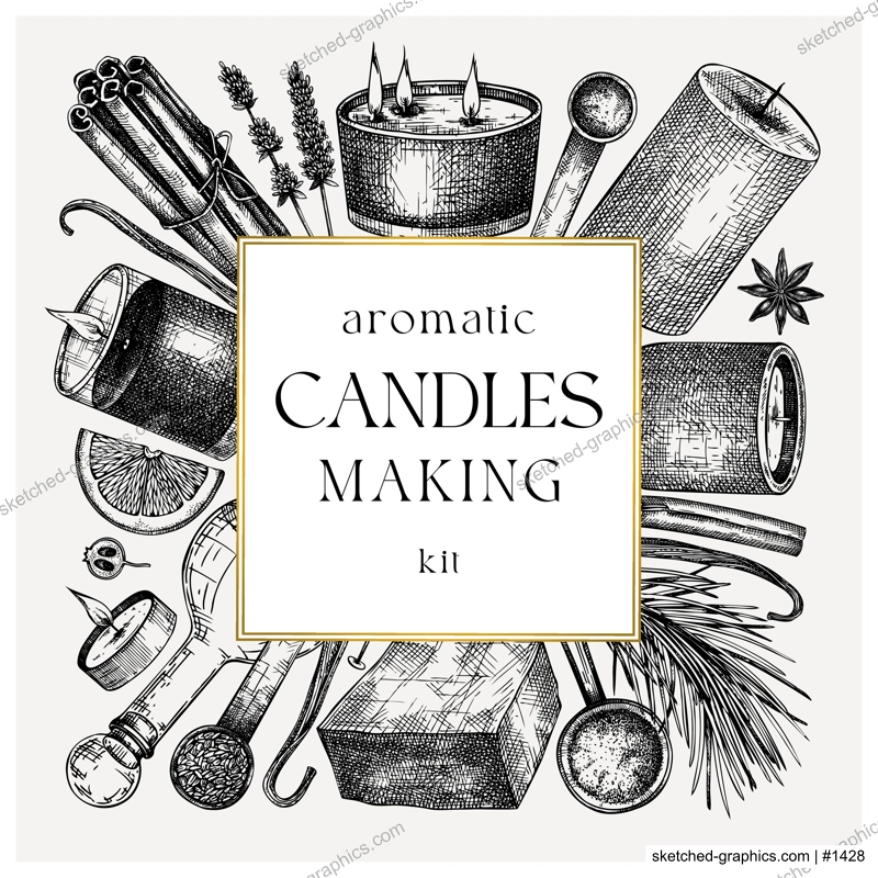 Hand sketched candle-making card design. Vintage candles, herbs, wax, fruits, spices, skewers hand drawings square wreath. Perfect template for aromatherapy, hobby, handcrafts, candle making, package