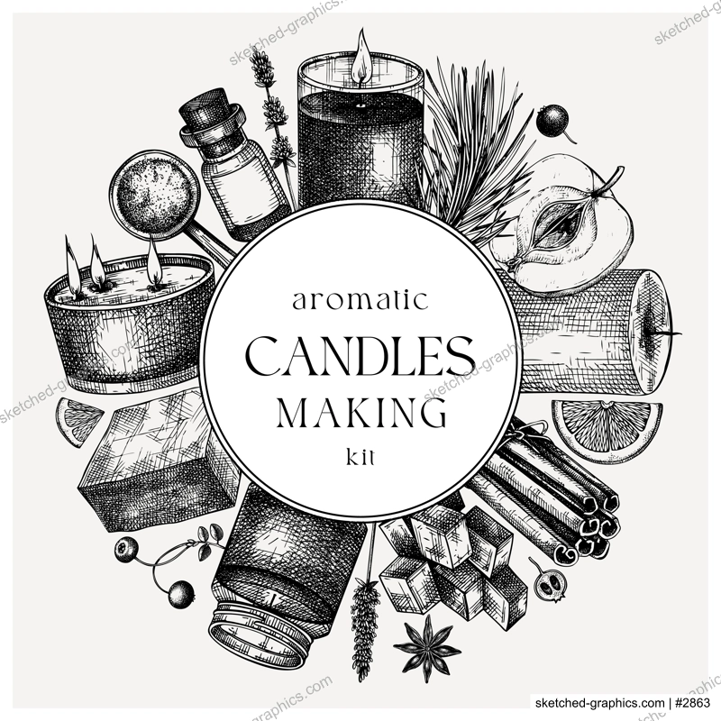 Hand sketched candle-making card design. Vintage candles, herbs, wax, fruits, spices, skewers hand drawings round wreath. Perfect template for aromatherapy, hobby, handcrafts, candle making, package