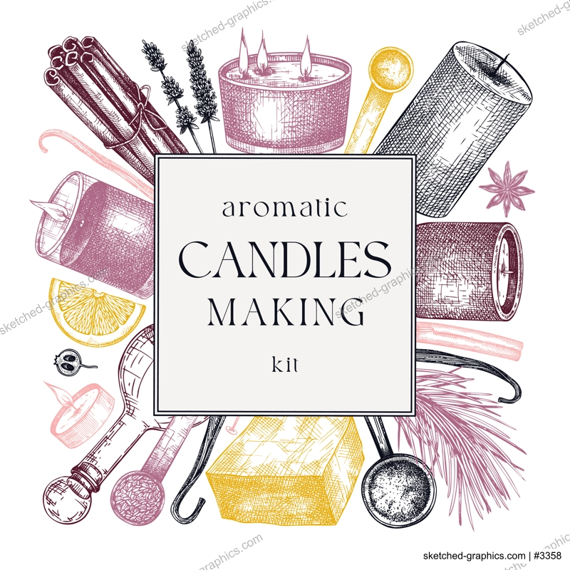 Hand sketched candle-making card design. Vintage candles, herbs, wax, fruits, spices, skewers hand drawings square wreath. Perfect template for aromatherapy, hobby, handcrafts, candle making, package