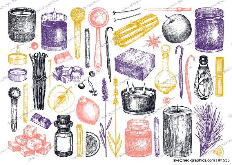 Hand-sketched aromatic candles ingredients collection. Vector illustrations of candles, wax, fragrance, color, and skewers. Natural materials for aromatherapy, hobby, handcrafts, candle making.