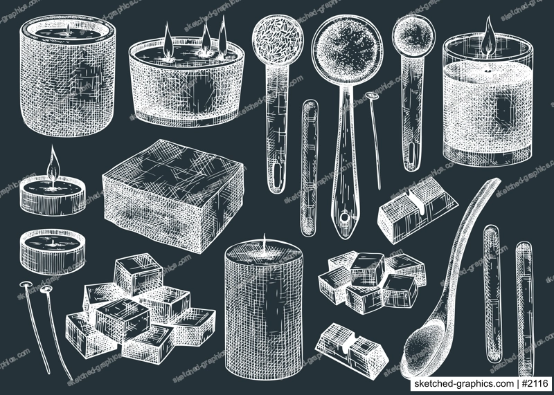 Hand-sketched aromatic candles ingredients set on chalkboard. Vector illustrations of candles, wax, fragrance, color. Natural materials for aromatherapy, hobby, handcrafts, candle making.