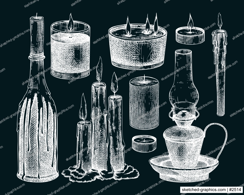 Hand drawn candles sketches collection on chalkboard. Vector illustrations of burning wax, oil lap, paraffin candles. Aromatherapy, meditation, home decor, interior. Vintage Halloween design elements