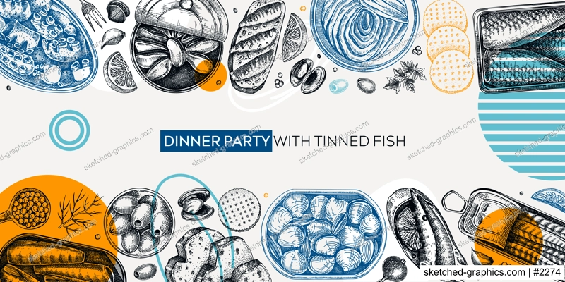 Collage-style canned fish banner design. Seafood background with hand drawn sardines, anchovy, mackerel, tuna, mussels in tin cans, fish canapes, olives, crackers and lemons sketches.