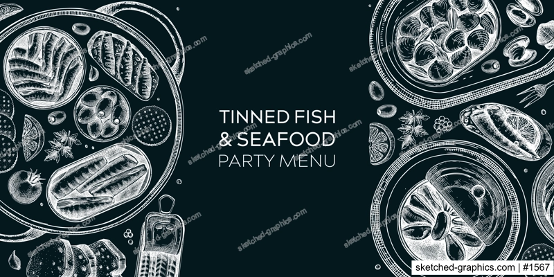 Hand drawn canned fish border design. Vector seafood background on chalkboard. Sardines, anchovy, mackerel, tuna, mussels in tin cans, fish canapes, olives, crackers and lemons sketches.
