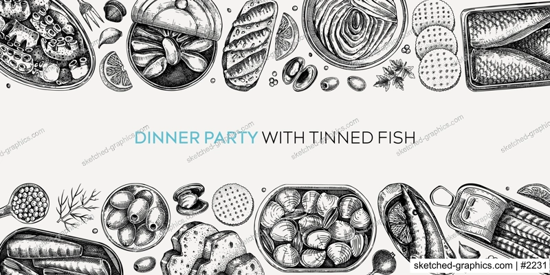 Hand-drawn canned fish border design. Vector seafood background. Sardines, anchovy, mackerel, tuna, mussels in tin cans, fish canapes, olives, crackers and lemons sketches. Tinned fish set