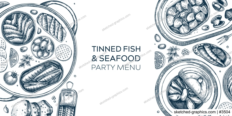 Hand drawn canned fish border design. Vector seafood background. Sardines, anchovy, mackerel, tuna, mussels in tin cans, fish canapes, olives, crackers and lemons sketches. 