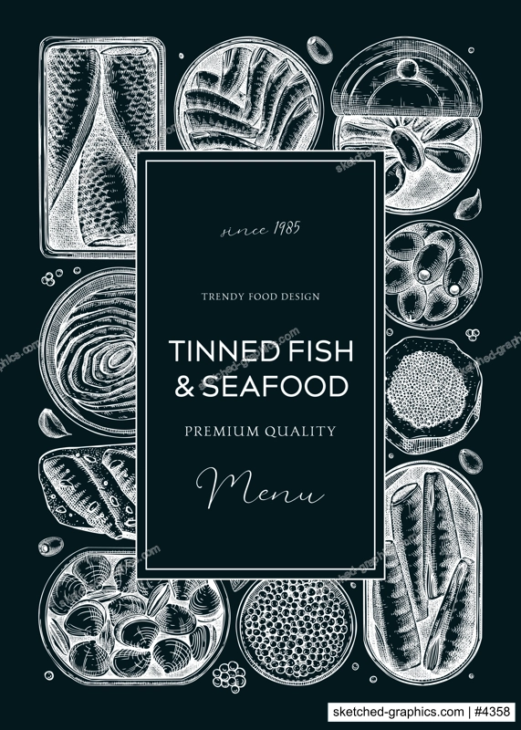 Canned fish frame design on chalkboard. Seafood background with hand-drawn sardines, anchovy, mackerel, tuna, mussels in tin can, fish canape drawings. Healthy food flyer or banner. Tinned fish sketch