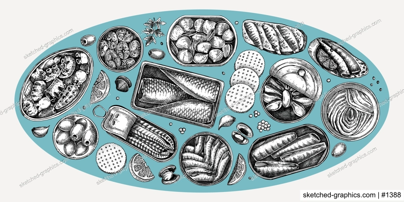 Hand drawn canned fish illustrations collection. Sardines, anchovy, mackerel, tuna, mussels in tin cans, fish canapes, olives, crackers and lemons sketches set in collage style. Table view design