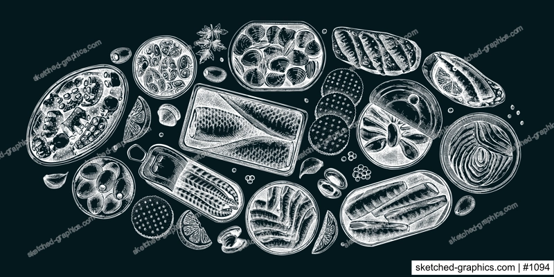 Hand drawn canned fish illustrations collection. Sardines, anchovy, mackerel, tuna, mussels in tin cans, fish canapes, olives, crackers and lemons sketches set on chalkboard. Table view design