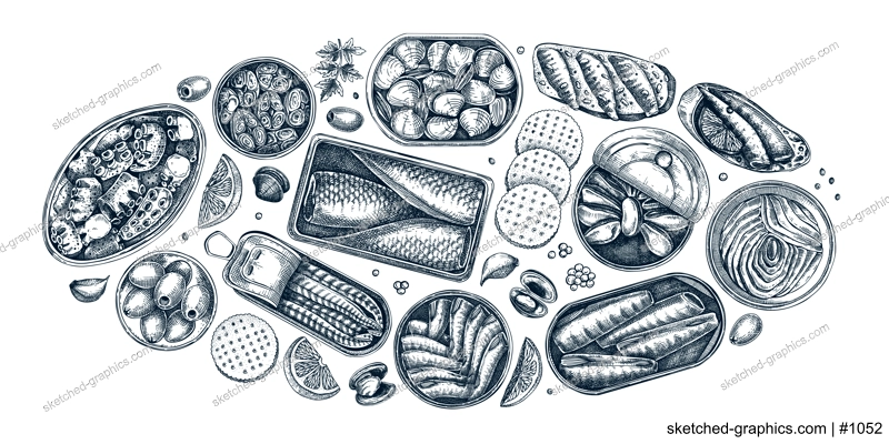 Hand drawn canned fish illustrations collection. Sardines, anchovy, mackerel, tuna, mussels in tin cans, fish canapes, olives, crackers and lemons sketches set in engraved style. Table view design