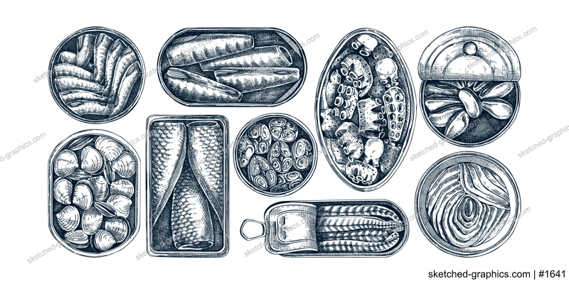 Hand drawn canned fish illustrations collection. Sardines, anchovy, mackerel, tuna, mussels in tin cans, fish canapes, olives, crackers and lemons sketches set in engraved style. Table view design