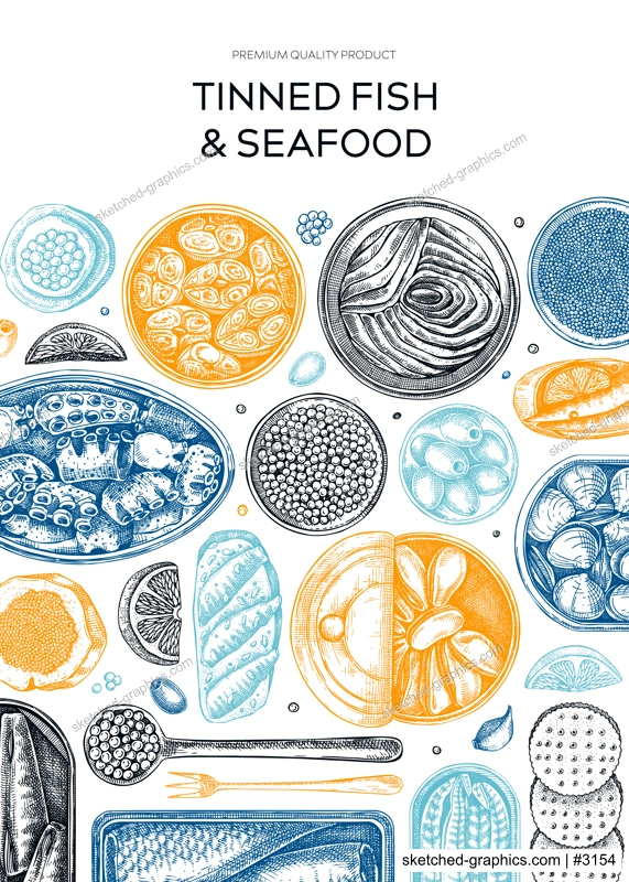 Canned fish flyer design. Seafood background with hand-drawn sardines, anchovy, mackerel, tuna, mussels in tin cans, fish canape drawings. Healthy food banner. Tinned fish board sketch
