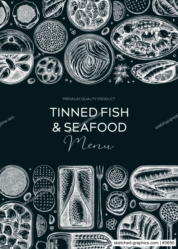 Canned fish frame on chalkboard. Seafood background with hand-drawn sardines, anchovy, mackerel, tuna, mussels in tin cans, fish canapes drawings. Finger food party banner or flyer. Tinned fish sketch