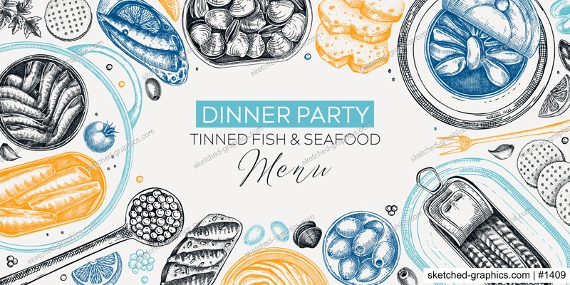 Canned fish frame design in color. Seafood background with hand drawn sardines, anchovy, mackerel, tuna, mussels in tin cans, fish canapes, olives, crackers and lemons sketches. 