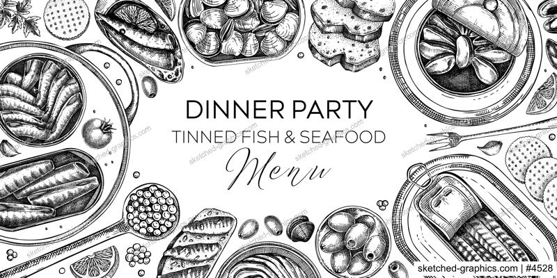 Canned fish frame design. Seafood background with hand drawn sardines, anchovy, mackerel, tuna, mussels in tin cans, fish canapes, olives, crackers and lemons sketches. Table view banner