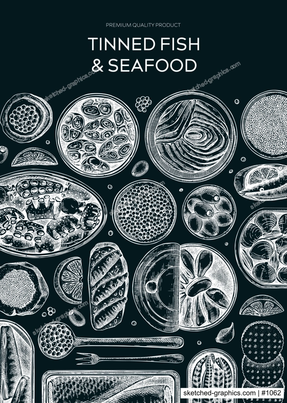 Canned fish label design on chalkboard. Seafood background with hand-drawn sardines, anchovy, mackerel, tuna, mussels in tin cans, fish canape drawings. Tinned fish board in sketch style. Healthy food