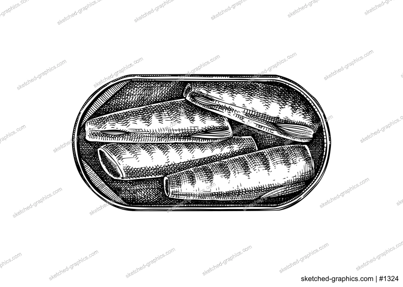 Hand drawn canned fish illustration. Mackerel in olive oil vector drawing isolated on white background. Tinned fish food sketch. Tin can with seafood for restaurant menu or product design