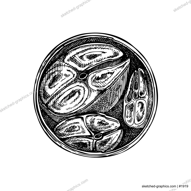 Hand drawn canned fish illustration. Mackerel in olive oil vector drawing isolated on white background. Tinned fish food sketch. Tin can with seafood for restaurant menu or product design