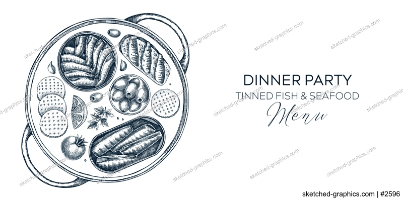 Hand drawn canned fish platter design. Sardines, anchovy, mackerel, tuna, mussels in tin cans in sketch style. Seafood restaurant background or finger food party banner with food illustrations