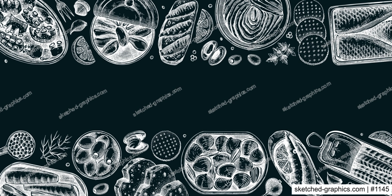 Canned fish and seafood background. Hand drawn sardines, anchovy, mackerel, tuna, mussels in tin cans, fish canapes, olives, crackers and lemons sketches on chalkboard. Table view banner design
