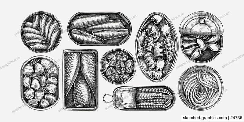 Hand-drawn canned fish and shellfish illustrations collection. Sardines, anchovy, mackerel, tuna, and mussels in tin cans sketches set in engraved style. Healthy food vector drawings in vintage style