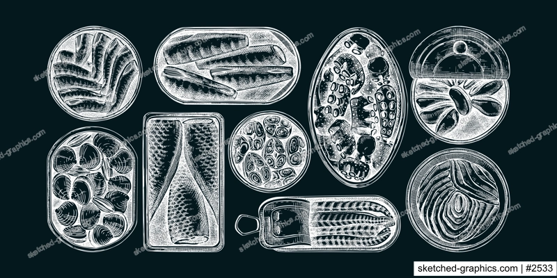 Hand-drawn canned fish and shellfish illustrations collection. Sardines, anchovy, mackerel, tuna, and mussels in tin cans sketches set in engraved style. Healthy food vector drawings on chalkboard