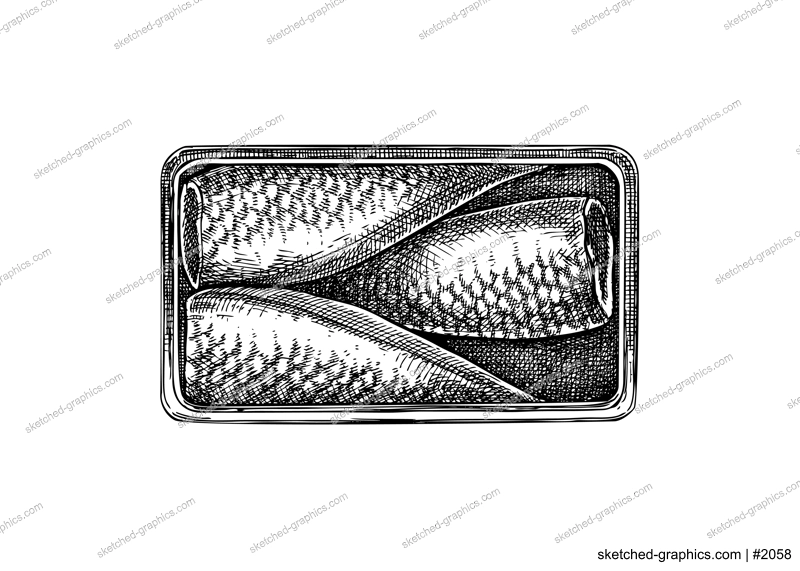 Hand drawn canned fish illustration. Herrings in olive oil vector drawing isolated on white background. Tinned herring food sketch. Tin can with seafood for restaurant menu or product design