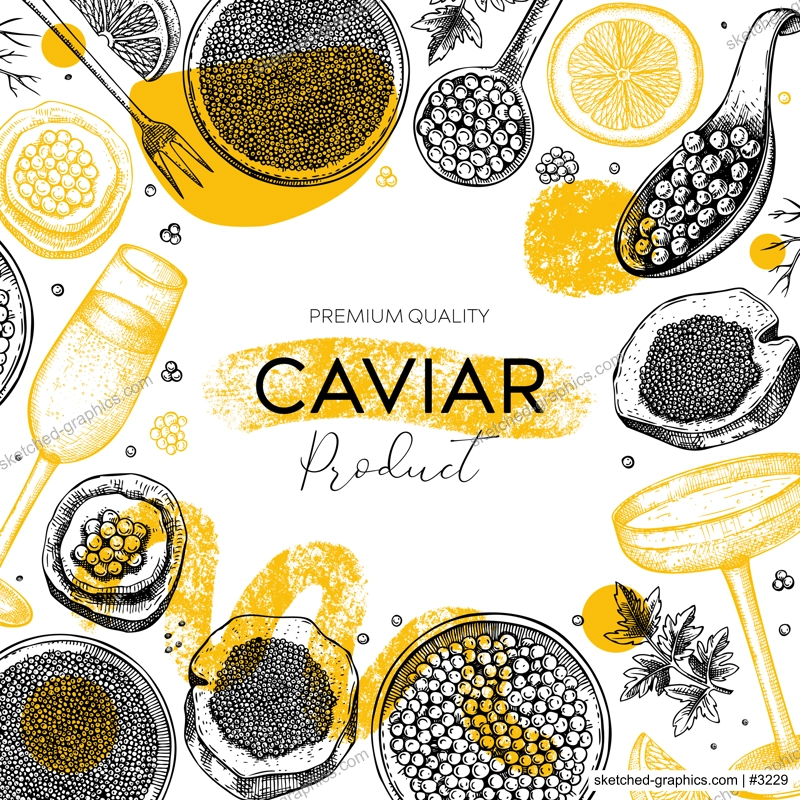 Collage style caviar and champagne illustration. Hand drawn red caviar canape, canned black caviar, sparkling wine glasses sketches. Trendy Seafood background. Modern frame or flyer template