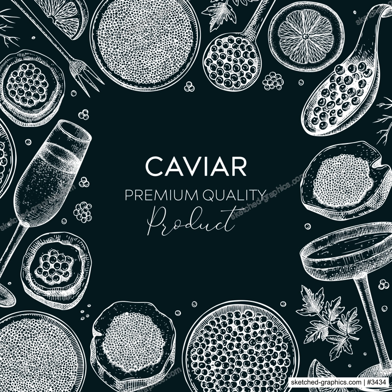 Caviar and champagne frame on chalkboard. Hand drawn red caviar canape, canned black caviar, sparkling wine glasses sketches. Seafood background for invitations or flyers