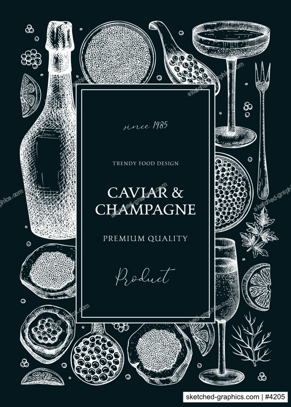 Caviar and champagne frame design on chalkboard. Hand drawn red caviar canape, canned black caviar, sparkling wine bottle, glasses sketches. Seafood vector background for prints, banners, menus