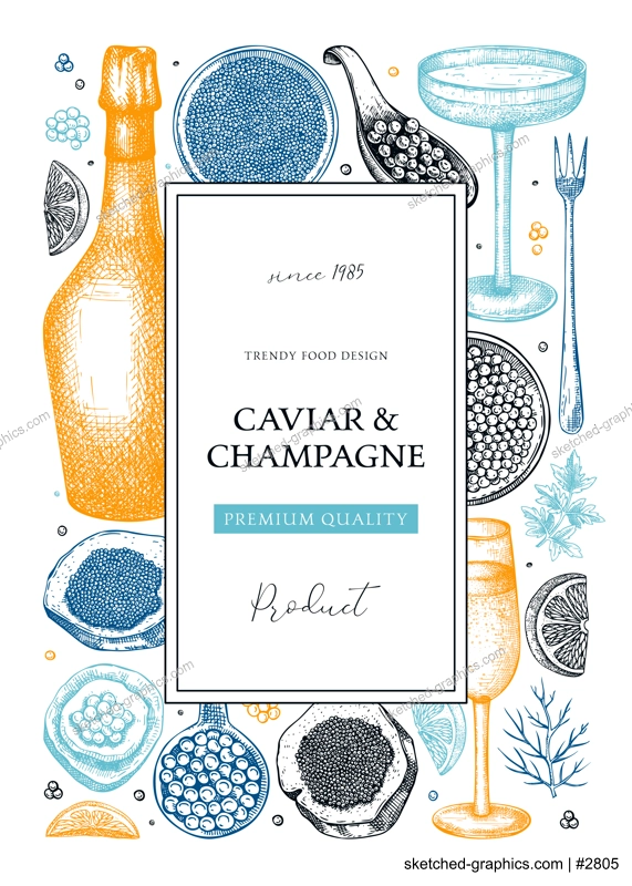 Caviar and champagne frame design in color. Hand drawn red caviar canape, canned black caviar, sparkling wine bottle, glasses sketches. Seafood vector background for prints, banners, menus