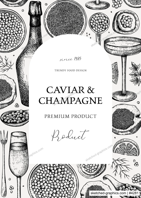 Caviar and champagne hand drawn illustration. Hand drawn frame design with red caviar canape, canned black caviar, sparkling wine bottle, glasses sketches. Seafood vintage background