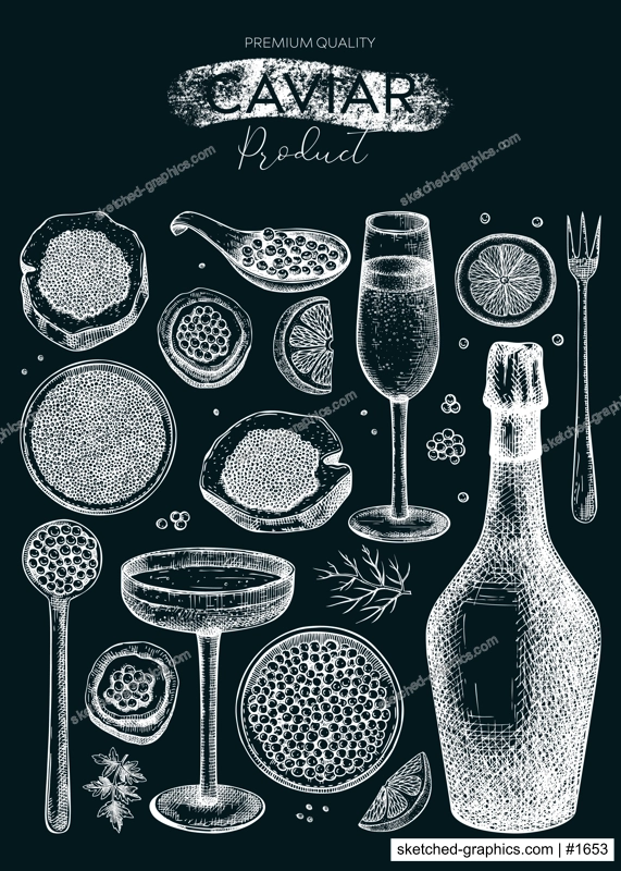 Caviar and champagne hand drawn illustration. Hand drawn menu design with red caviar canape, canned black caviar, sparkling wine bottle, glasses sketches. Seafood background on chalkobard