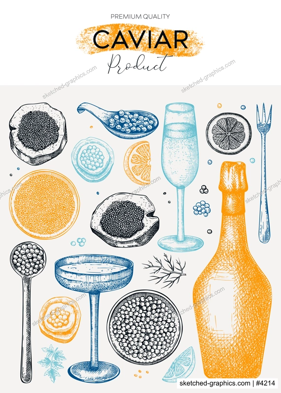 Caviar and champagne hand drawn illustration in color. Hand drawn menu design with red caviar canape, canned black caviar, sparkling wine bottle, glasses sketches. Seafood background