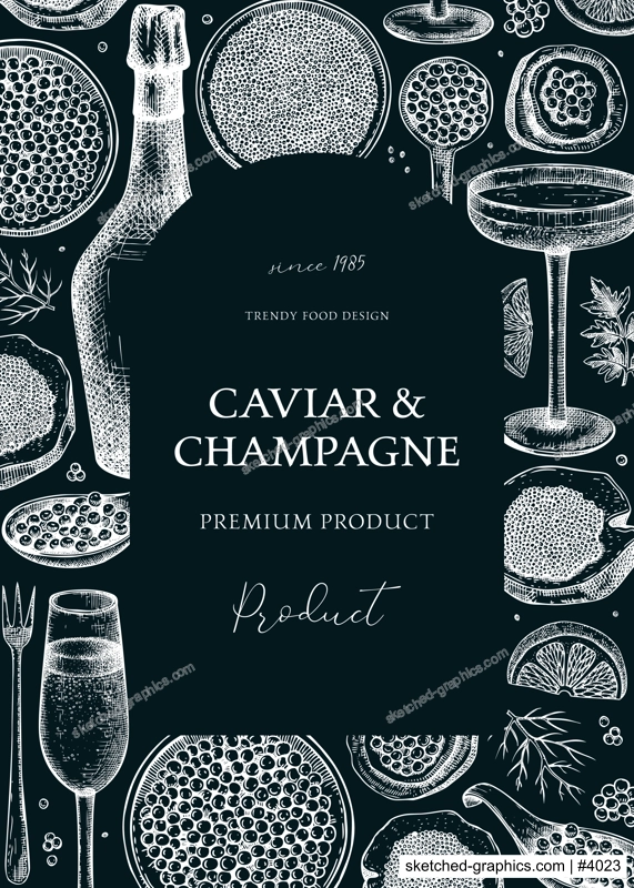 Caviar and champagne artistic frame design. Hand drawn menu  template with red caviar canape, canned black caviar, sparkling wine bottle, glasses sketches. Seafood background on chalkboard