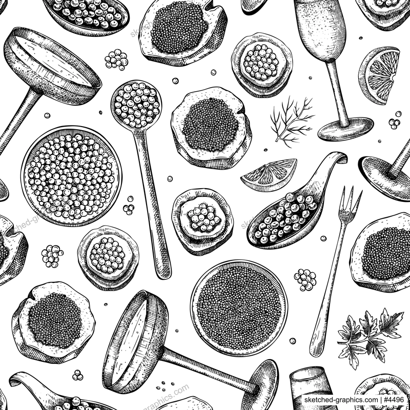 Caviar and champagne seamless pattern. Hand drawn red caviar canape, canned black caviar, sparkling wine bottle, glasses sketches. Seafood vector background