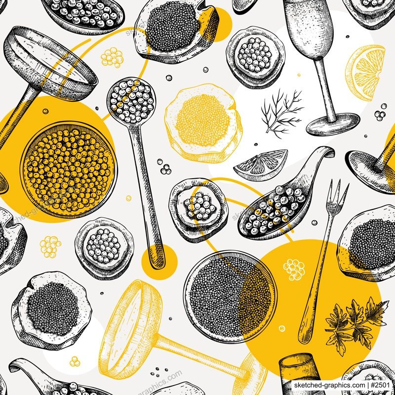 Caviar and champagne hand drawn illustrations collection. Hand drawn red caviar canape, canned black caviar, sparkling wine bottle, glasses sketches set. Seafood drawings isolated on white background