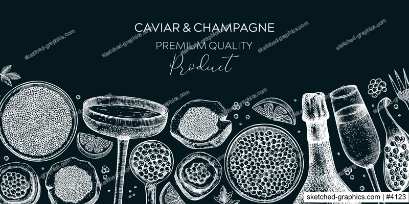 Caviar and champagne hand drawn illustrations collection. Hand drawn red caviar canape, canned black caviar, sparkling wine bottle, glasses sketches set. Seafood drawings isolated on white background