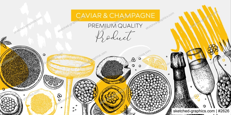 Caviar and champagne hand drawn illustrations collection. Hand drawn red caviar canape, canned black caviar, sparkling wine bottle, glasses sketches set. Seafood drawings isolated on white background